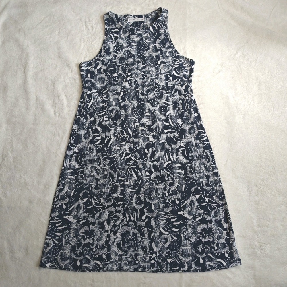 Athleta Medium Santorini Dress navy blue‎ white Tropical Floral Fit Flare A-Line - Picture 2 of 11